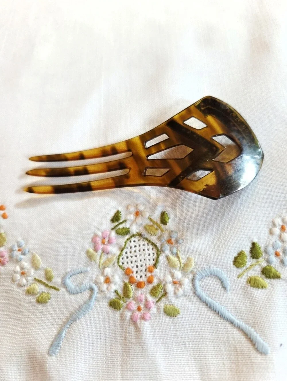 Vintage French Art Deco Celluloid Tortoise Blue Rhibestone Hair Comb